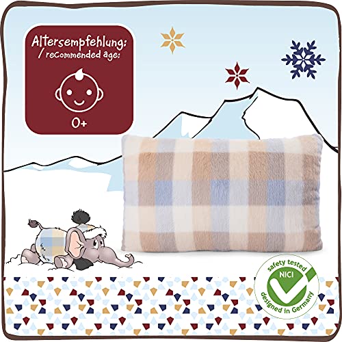 NICI 47294 Cojín de Peluche con Elefante en Traje de Nieve – Cojines de Animales esponjosos para niñas, niños y bebés – Tierna Almohada Rectangular de la colección de Invierno, 43x25cm, Beige/Gris