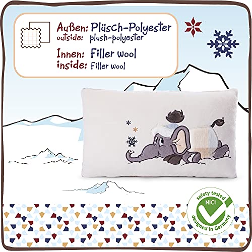 NICI 47294 Cojín de Peluche con Elefante en Traje de Nieve – Cojines de Animales esponjosos para niñas, niños y bebés – Tierna Almohada Rectangular de la colección de Invierno, 43x25cm, Beige/Gris