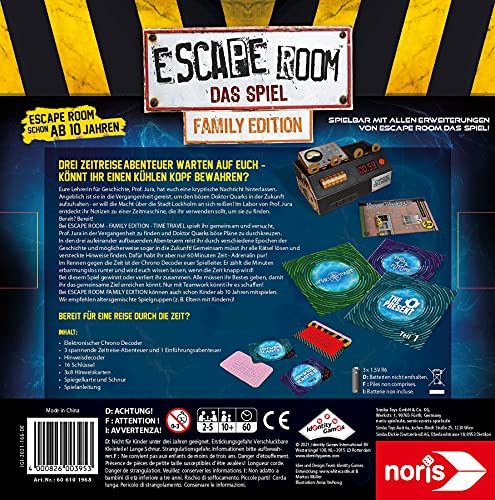 noris 606101968 Escape Room Time Travel (Family Edition) - Juego Familiar y de Sociedad para Adultos y niños, Incluye 3 Casos y descodificador de cronógrafo, a Partir de 10 años