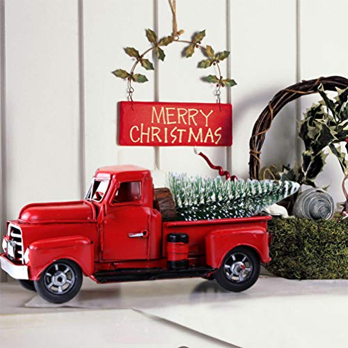 NUOBESTY Navidad Vintage Camión Rojo con Mini Árboles de Navidad Adornos Hechos a Mano Rojo Metal Camión Coche Modelo para Decoraciones de Navidad Decoración de Mesa