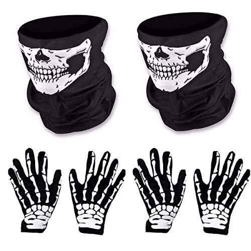 O-Kinee 2 Pares de Mascara de Calavera y Guantes de Esqueleto para Adultos Halloween Danza Fiesta de Disfraz