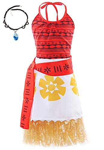 O.AMBW Vestido Hawaiano de Moana Cosplay Vaiana Heroina Jefe de la Isla Motunui Disfraz con Accesorio Moana Collar Aventura Navegar Cosplay para Carnaval Halloween Verano Playa Piscina Juego rol