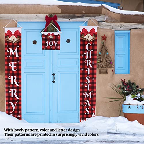 Pancartas de Feliz Navidad, Pancartas de Letrero de Porche Navideño, Campanas de Cuadros Rojos Y Negros, Decoración, Bandera para el Porche de Navidad Al Aire Libre