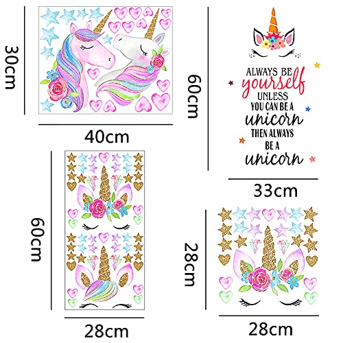 Pegatinas de Pared de Unicornio,QSXX 4 Hojas de Pegatinas Pared Unicornio,Diseño Unicornio Con Corazones y Estrellas Pegatinas Decoración para Niñas,Niños,Dormitorio,Guardería,Cumpleaños,Fiesta,Favor