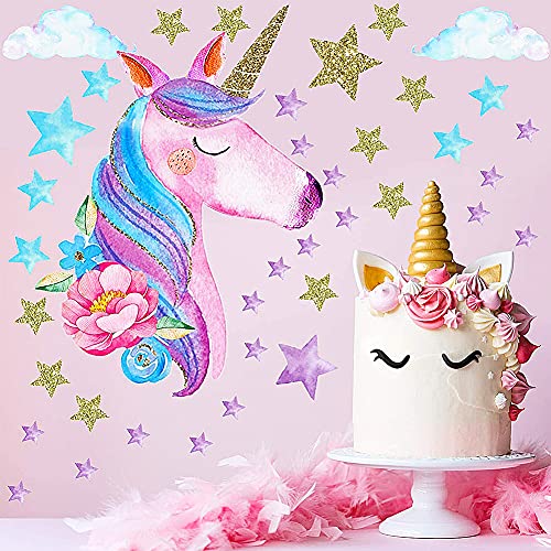 Pegatinas de Pared de Unicornio,QSXX 4 Hojas de Pegatinas Pared Unicornio,Diseño Unicornio Con Corazones y Estrellas Pegatinas Decoración para Niñas,Niños,Dormitorio,Guardería,Cumpleaños,Fiesta,Favor