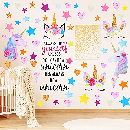 Pegatinas de Pared de Unicornio,QSXX 4 Hojas de Pegatinas Pared Unicornio,Diseño Unicornio Con Corazones y Estrellas Pegatinas Decoración para Niñas,Niños,Dormitorio,Guardería,Cumpleaños,Fiesta,Favor