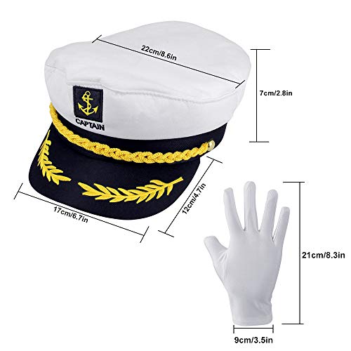 PERFETSELL Gorro de Capitan Marinero Sombrero de Capitán Marinero Gorra Marinero Ajustable Gorra Capitán Adulto Yate Barco Navegante Capitán Traje Sombrero Cap Marina Marina Almirante + 1x par Guantes