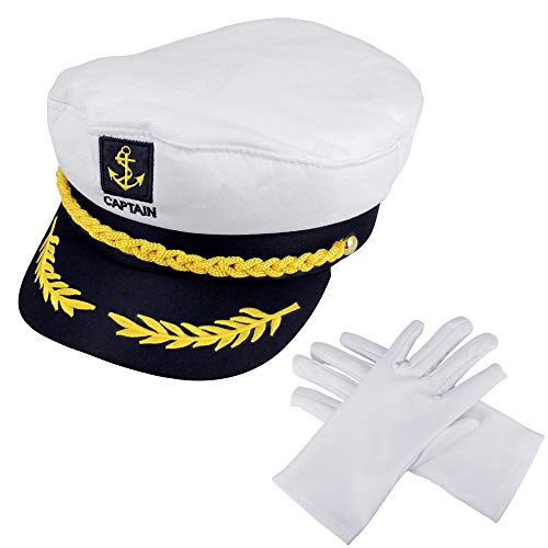 PERFETSELL Gorro de Capitan Marinero Sombrero de Capitán Marinero Gorra Marinero Ajustable Gorra Capitán Adulto Yate Barco Navegante Capitán Traje Sombrero Cap Marina Marina Almirante + 1x par Guantes