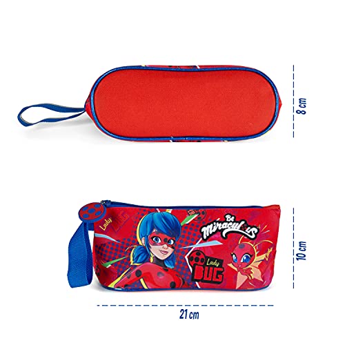 PERLETTI Estuche Escolar Miraculous Lady Bug para Niñas con Cremallera - Bolsa para Lápices Niña Personajes Lady Bug y Tikki - Cartuchera Roja y Azul para Escuela y Guardería para Chicas - 10x21x8 cm