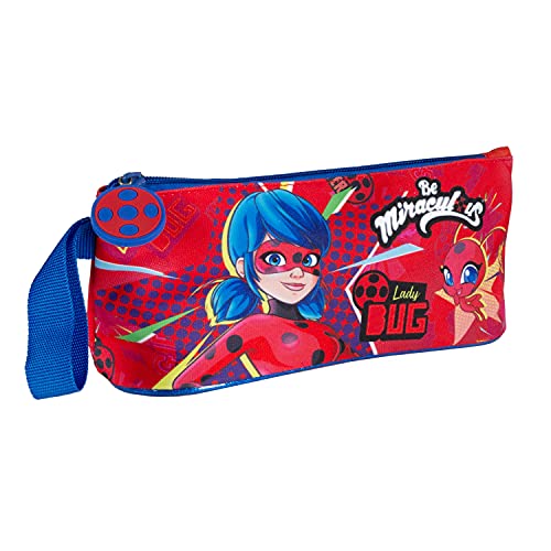 PERLETTI Estuche Escolar Miraculous Lady Bug para Niñas con Cremallera - Bolsa para Lápices Niña Personajes Lady Bug y Tikki - Cartuchera Roja y Azul para Escuela y Guardería para Chicas - 10x21x8 cm