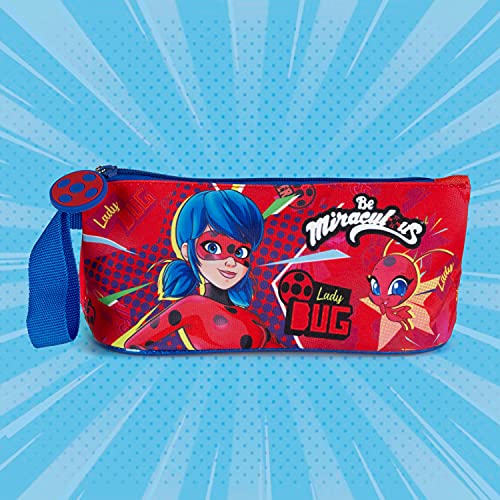 PERLETTI Estuche Escolar Miraculous Lady Bug para Niñas con Cremallera - Bolsa para Lápices Niña Personajes Lady Bug y Tikki - Cartuchera Roja y Azul para Escuela y Guardería para Chicas - 10x21x8 cm