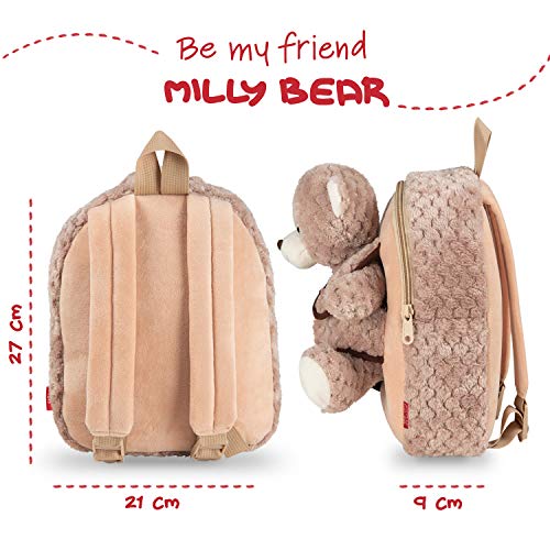 PERLETTI - Mochila Infantil Grande de Oso Beige de Peluche - Bolso para Niños Niñas 3 4 5 Años con Muñeco Extraíble para Escuela Guarderia Viaje - Bolsa Escolar Suave - 21x27x9 cm (Oso Marrón)