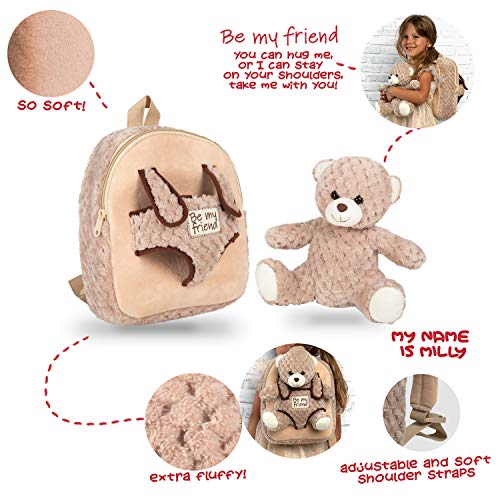 PERLETTI - Mochila Infantil Grande de Oso Beige de Peluche - Bolso para Niños Niñas 3 4 5 Años con Muñeco Extraíble para Escuela Guarderia Viaje - Bolsa Escolar Suave - 21x27x9 cm (Oso Marrón)