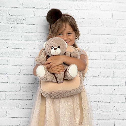 PERLETTI - Mochila Infantil Grande de Oso Beige de Peluche - Bolso para Niños Niñas 3 4 5 Años con Muñeco Extraíble para Escuela Guarderia Viaje - Bolsa Escolar Suave - 21x27x9 cm (Oso Marrón)