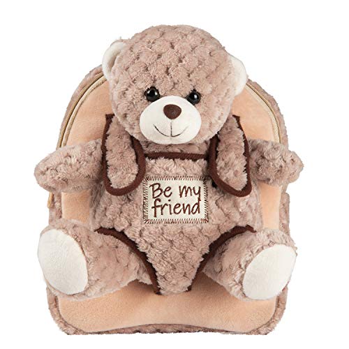 PERLETTI - Mochila Infantil Grande de Oso Beige de Peluche - Bolso para Niños Niñas 3 4 5 Años con Muñeco Extraíble para Escuela Guarderia Viaje - Bolsa Escolar Suave - 21x27x9 cm (Oso Marrón)