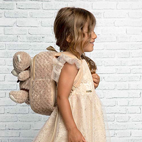 PERLETTI - Mochila Infantil Grande de Oso Beige de Peluche - Bolso para Niños Niñas 3 4 5 Años con Muñeco Extraíble para Escuela Guarderia Viaje - Bolsa Escolar Suave - 21x27x9 cm (Oso Marrón)