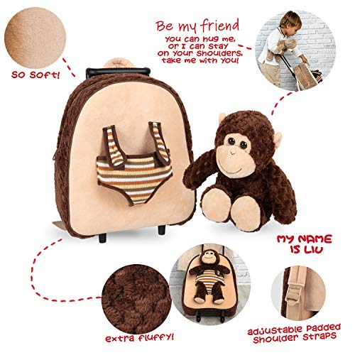 PERLETTI Mochila Trolley Infantil con Monito de Peluche - Bolsa con Ruedas y Juguete Muñeco para Niños Niñas 3 4 5 Años - Pequeño Bolso Escolar para Escuela Guardería Viaje - 29x33x11 cm (Mono)