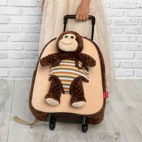 PERLETTI Mochila Trolley Infantil con Monito de Peluche - Bolsa con Ruedas y Juguete Muñeco para Niños Niñas 3 4 5 Años - Pequeño Bolso Escolar para Escuela Guardería Viaje - 29x33x11 cm (Mono)