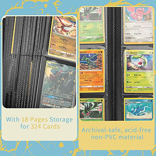 PhD Keisi Album Pokemon para Cartas Coleccionables,Tarjeta PM TCG de Juego, Colección Carpeta Compatible con Pokémon - Tiene Capacidad 324 Tarjetas - 18 páginas Premium - 9 Bolsillos(Black)