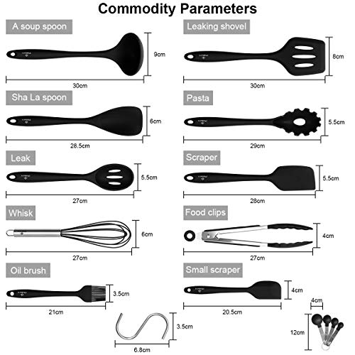 PHILORN Juego de Utensilios de Cocina de Silicona [10 Piezas], Antiadherentes, sin BPA, Ranurado, Resistentes al Calor, Herramientas de Cocina - Gratis 10 Ganchos & 4 Cucharas Dosificadoras (Negro)