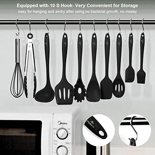 PHILORN Juego de Utensilios de Cocina de Silicona [10 Piezas], Antiadherentes, sin BPA, Ranurado, Resistentes al Calor, Herramientas de Cocina - Gratis 10 Ganchos & 4 Cucharas Dosificadoras (Negro)