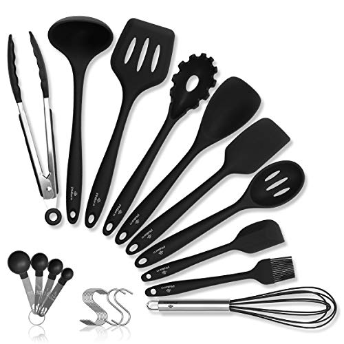 PHILORN Juego de Utensilios de Cocina de Silicona [10 Piezas], Antiadherentes, sin BPA, Ranurado, Resistentes al Calor, Herramientas de Cocina - Gratis 10 Ganchos & 4 Cucharas Dosificadoras (Negro)