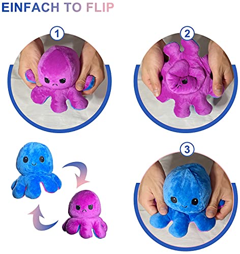 PIANETA Octopus - Peluche reversible, diseño de pulpo de doble cara, regalo para niños, niñas y niños, (Octopus Blue/Purple)