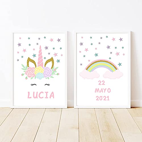 Pintar por Números Personalizado. Con marco. DIY Pintura Manualidades Unicornio, Decoración habitación infantil. Regalo original Niños Niñas Navidad, Comunión, cumpleaños (UNICORNIO)