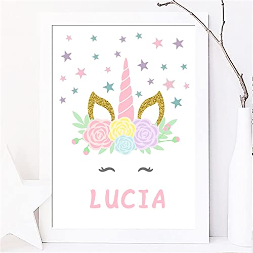 Pintar por Números Personalizado. Con marco. DIY Pintura Manualidades Unicornio, Decoración habitación infantil. Regalo original Niños Niñas Navidad, Comunión, cumpleaños (UNICORNIO)