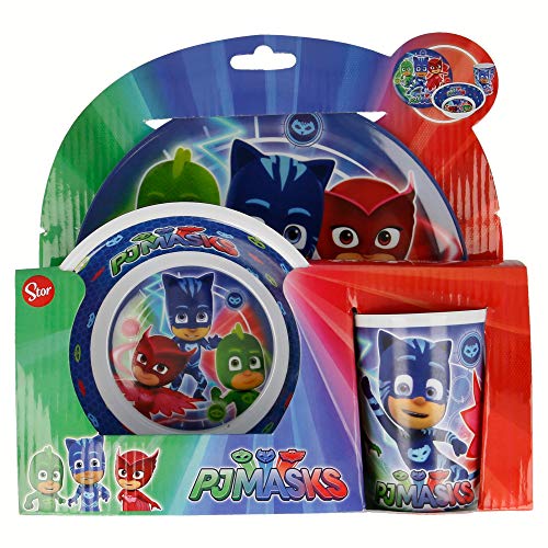 PJ Masks | | Set Vajilla de Melamina Infantil - Resistente I Servicio de Mesa Libre de BPA para niños y bebés - 3 Piezas: Vaso de Beber, Plato y Cuenco