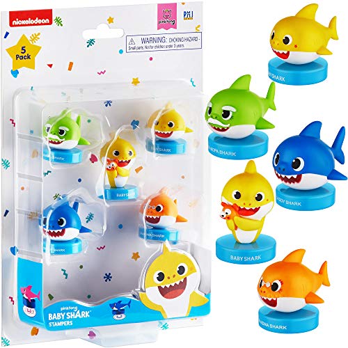 PMI Sellos Baby Shark, Paquete de 5, Sellos de Baby Shark (tiburón bebé) con Tinta incorporada, Figuras para Decorar Fiestas, Tartas, 6 cm, PVC Suave (B)