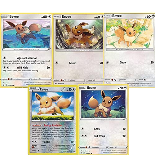 Pokemon Pack 5 Cartas de Eevee aleatorias, 4 Cartas comunes + 1 Carta Reverse Holo, Cartas en Inglés, Cualquier colección