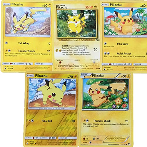 Pokemon Pack 5 Cartas de Pikachu aleatorias, 4 Cartas comunes + 1 Carta Reverse Holo, Cartas en Inglés, Cualquier colección