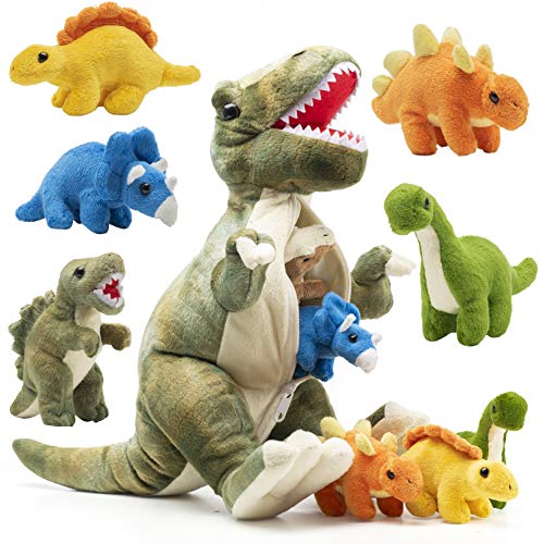 Prextex Colección de peluches Dinosaurio T-Rex de 15 pulgadas con 5 lindas crías dentro de su barriga con cremallera Gran set para niños