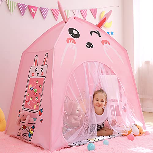 Princess - Tienda de campaña para juegos infantil, diseño de princesa, con bola adhesiva, ventana de juego para niñas con luces LED para interior y exterior, juguete para cumpleaños (conejo rosa)