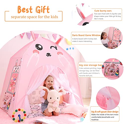 Princess - Tienda de campaña para juegos infantil, diseño de princesa, con bola adhesiva, ventana de juego para niñas con luces LED para interior y exterior, juguete para cumpleaños (conejo rosa)