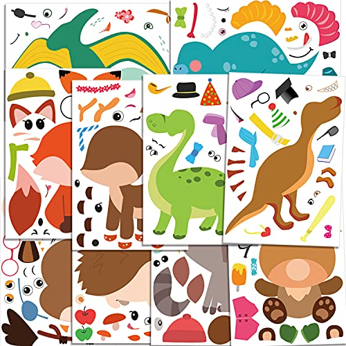 Qpout 48 Hojas Hacer Pegatinas de Animales, Haga su Propio Dinosaurio Fox Deer Owl Cat Hedgehog Raccoon Stickers para niños Zoo Fiesta de cumpleaños Scrapbook Manualidades Suministros