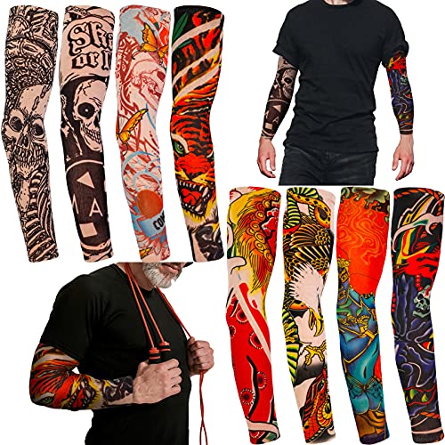 Qpout 8 piezas Brazo tatuajes mangas cubierta para hombres mujeres, Mangas de tatuajes de moda fresca unisex Ciclismo al aire libre Verano Protector solar Nylon Estiramiento Tatuajes Mangas