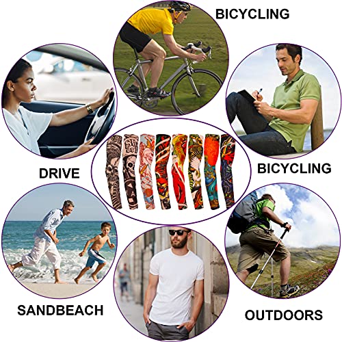 Qpout 8 piezas Brazo tatuajes mangas cubierta para hombres mujeres, Mangas de tatuajes de moda fresca unisex Ciclismo al aire libre Verano Protector solar Nylon Estiramiento Tatuajes Mangas