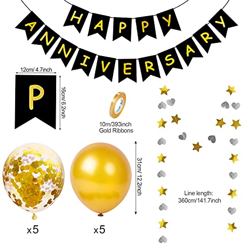 Qpout Feliz Aniversario Banner Guirnalda Con Globos Accesorios Para Fotos De Bodas Doradas Aniversario Fiesta Bunting Amor Aniversario Celebración Decoración Suministro oro Negro