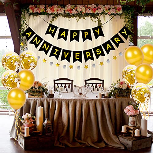 Qpout Feliz Aniversario Banner Guirnalda Con Globos Accesorios Para Fotos De Bodas Doradas Aniversario Fiesta Bunting Amor Aniversario Celebración Decoración Suministro oro Negro