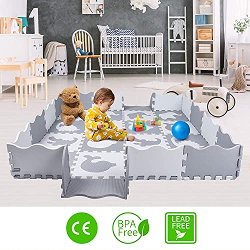 qqpp Alfombra Puzzle para Niños Bebe Infantil - Suelo de Goma EVA Suave. 16 Piezas (30*30*1cm), 20 Piezas de Valla, Animales, Blanco & Gris. QQP-52(AL) b16F20