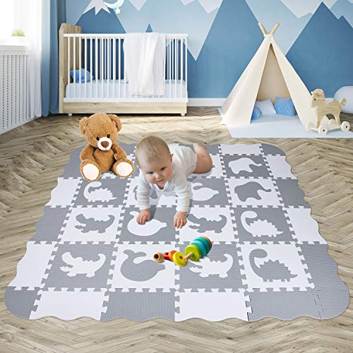 qqpp Alfombra Puzzle para Niños Bebe Infantil - Suelo de Goma EVA Suave. 16 Piezas (30*30*1cm), 20 Piezas de Valla, Animales, Blanco & Gris. QQP-52(AL) b16F20