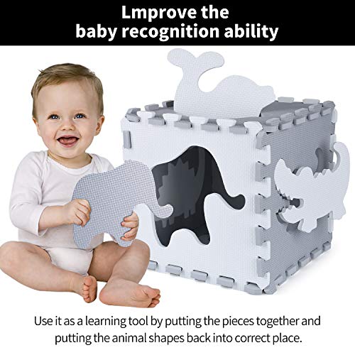 qqpp Alfombra Puzzle para Niños Bebe Infantil - Suelo de Goma EVA Suave. 16 Piezas (30*30*1cm), 20 Piezas de Valla, Animales, Blanco & Gris. QQP-52(AL) b16F20