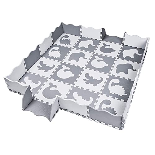 qqpp Alfombra Puzzle para Niños Bebe Infantil - Suelo de Goma EVA Suave. 16 Piezas (30*30*1cm), 20 Piezas de Valla, Animales, Blanco & Gris. QQP-52(AL) b16F20