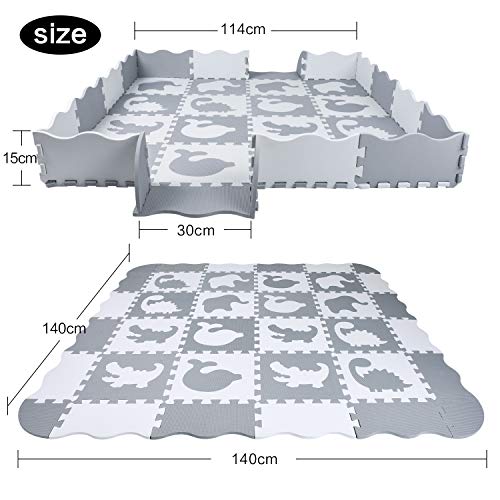 qqpp Alfombra Puzzle para Niños Bebe Infantil - Suelo de Goma EVA Suave. 16 Piezas (30*30*1cm), 20 Piezas de Valla, Animales, Blanco & Gris. QQP-52(AL) b16F20