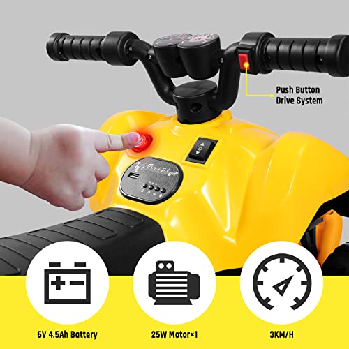 Quad Electrico Coche a Batería de 6V con Motor Trasero de 25W, Accionamiento por Botón, Bluetooth / USB / Música Incorporada, Interruptor de Avance / Retroceso, Niños-Amarillo