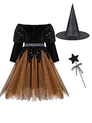 ranrann Disfraz de Bruja Niña Vestido Tutú Princesa Brillantes Estrellas con Sombrero Bolsa de Dulces Varita Traje Reina Oscuridad para Halloween Fiesta Carnaval Negro&Naranja 6-8 años