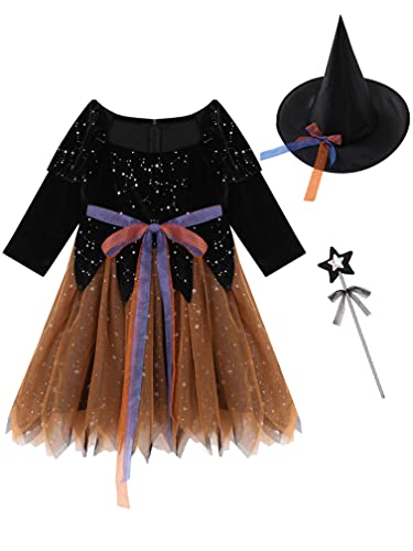 ranrann Disfraz de Bruja Niña Vestido Tutú Princesa Brillantes Estrellas con Sombrero Bolsa de Dulces Varita Traje Reina Oscuridad para Halloween Fiesta Carnaval Negro&Naranja 6-8 años