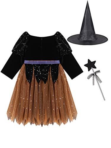 ranrann Disfraz de Bruja Niña Vestido Tutú Princesa Brillantes Estrellas con Sombrero Bolsa de Dulces Varita Traje Reina Oscuridad para Halloween Fiesta Carnaval Negro&Naranja 6-8 años